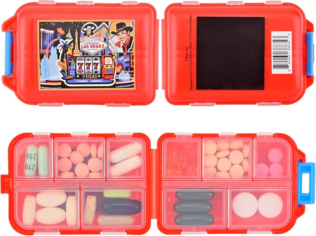 Las Vegas Fridge Magnet de Pillzar – Travel-Friendly Pill Box &amp; Organizer with 10 Compartments, Holds Up to 50 Pills, Souvenir Gift, Collectible Magnetic Pill Case, 3.8” x 2.6”