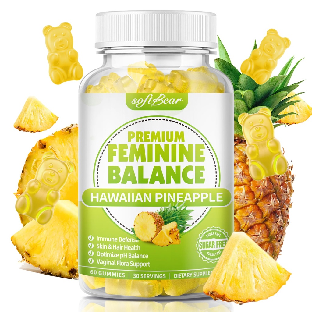 softbear Premium Feminine Balance Gummies for Women, Pineapple PH Balance Gummies for Women's Healthy Odor, Flora, Vaginal, Immune Support, Vegan, Gluten-Free, 60 Gummies