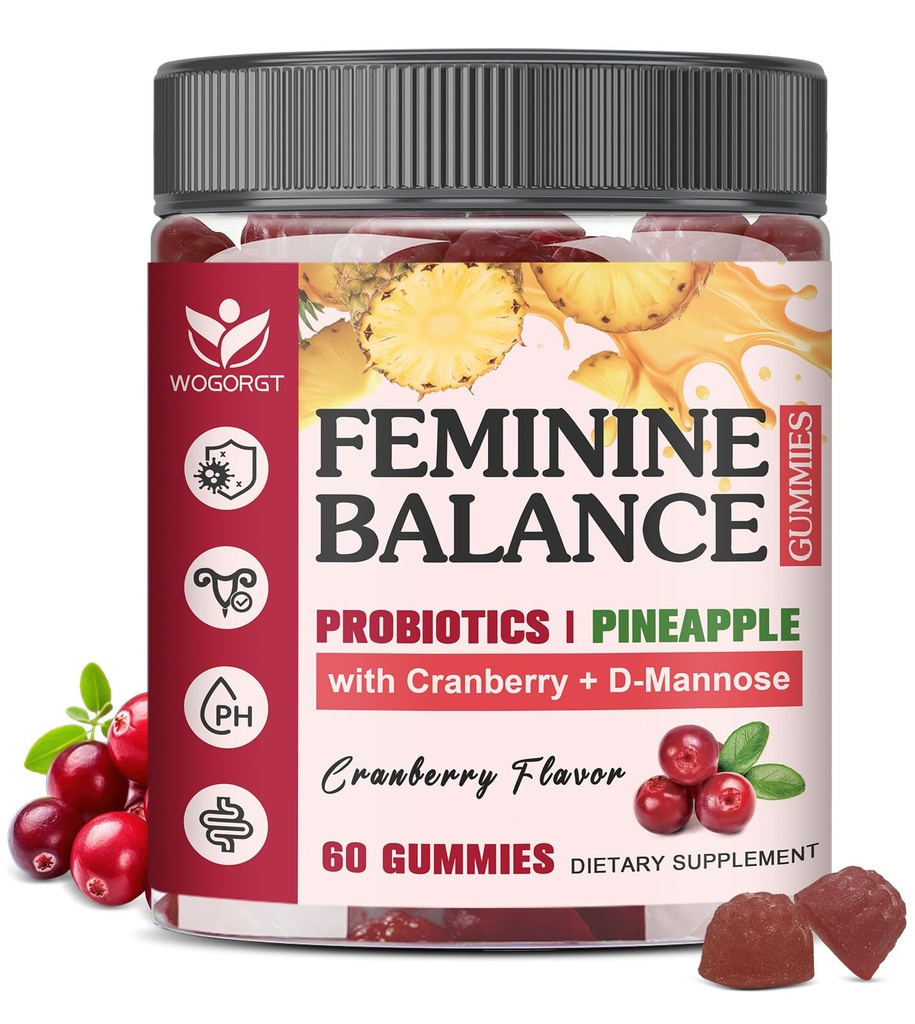 Feminine Balance Gummies for Women - Vaginal Health, pH Balance Support, Pineapple Probiotics Gummies for Women with Cranberry Extract and D-Mannose, Sugar Free, Vegan, Cranberry Flavor - 60 Ct