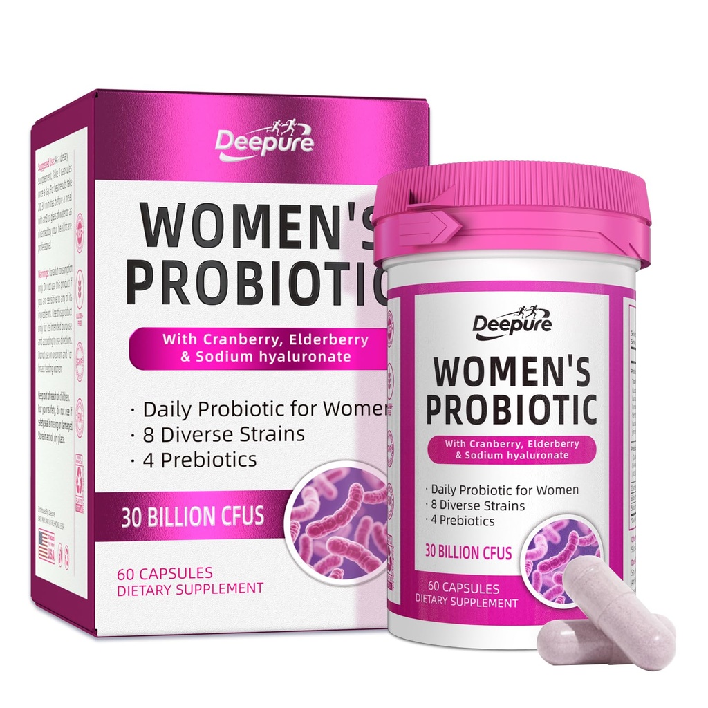 Deepure Probiotics and Prebiotics for Women - 30 Billion CFU Supports Vaginal pH Balance 8 Diverse Strains Enhance Urinary Tract Health Digestive Function & Boosts Immune System 60 Capsules