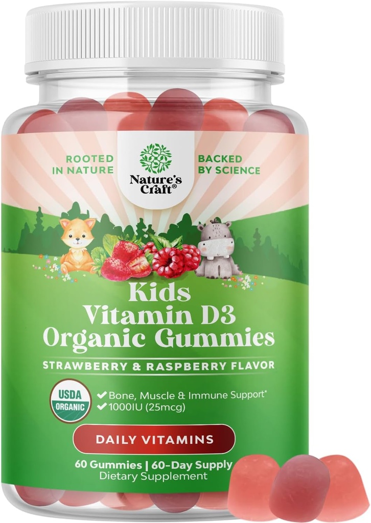 Naturalezas Artesanía Orgánica Vitamina D Gummies para Niños - Niños veganos Inmunity Support Gummies with Vitamin D for Daily Teeth Muscle & Bone Support - Organic D3 Non GMO &amp; Gluten Gratis 2 Mes
