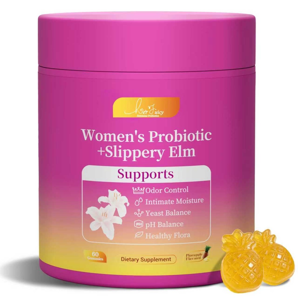 Her Juicy Feminine Probiotics Gummies for Women with Slippery Elm - Pineapple Flavor, pH Balance & Immune Health Support - Digestive & Feminine Support - Vegan Supplement, 60 C