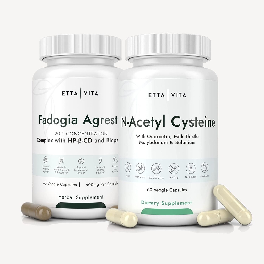 Etta Vita Fadogia Agrestis 600mg + N-Acetyl Cysteine 600mg Bundle, 3X Absorbencia con BioPerine &amp; HP-β- CD en Fadogia Agrestis, NAC Suplemento con Quercetin, Milk Thistle, Molybdenum &amp; Selenium