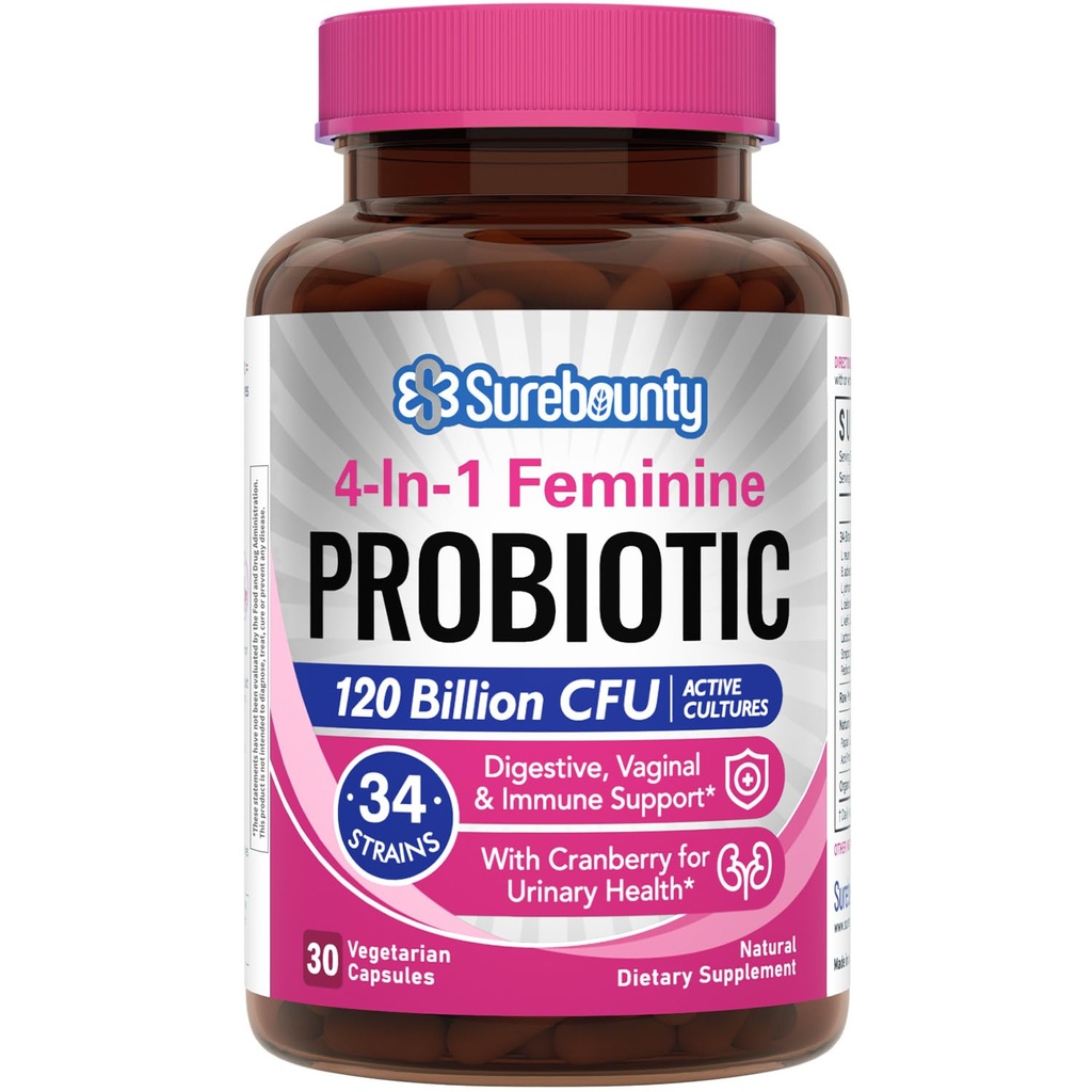 Probiotics for Women, 120 Billion CFU 34 Strains, Prebiotics, Digestive Enzymes, Cranberry, 4-in-1 Feminine Probiotic, Digestive, Vaginal, Immune Support, 30ct