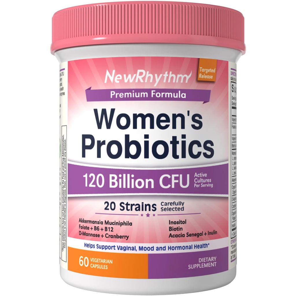 NewRhythm Probiotics for Women, Akkermansia Probiotic, Biotin, Vitamin B6 B12 & Inositol, 120 Billion CFU 20 Strains, Digestive Enzymes, Prebiotics & Vaginal Probiotics for PH Balance, 60 Capsules