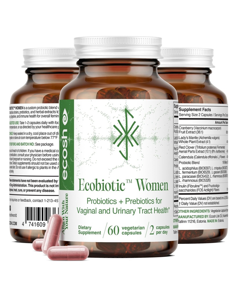 Ecosh Women's Probiotic for PH Balance, Urinary Tract & Gut Health – Vaginal Probiotics for Women with Prebiotics, Lactobacillus Acidophilus & Crispatus, Natural Cranberry & Herbs | 60 Vegan Capsules