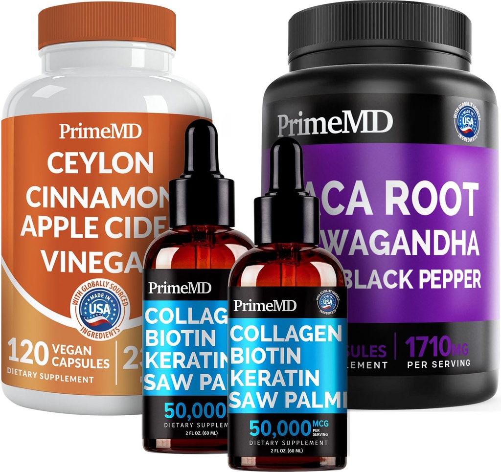 5-in-1 Ceylon Cinnamon (120ct), 4-in-1 Biotin Collagen Keratin Saw Palmetto (2 fl oz - 2 Pack) & 6-in-1 Maca Root Ashwagandha (120ct) Bundle - Energy, Mood, Hair, Skin &amp; Immune Support Supplement
