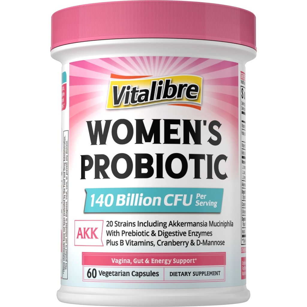 Vitalibre Women's Probiotic Plus, Akkermansia, 140 Billion CFU, 19 Strains with AKK, Vitamin B6, B9, B12, Biotin, Cranberry, D-Mannose, Gut, Vagina Health, 60 Vegetarian Caps