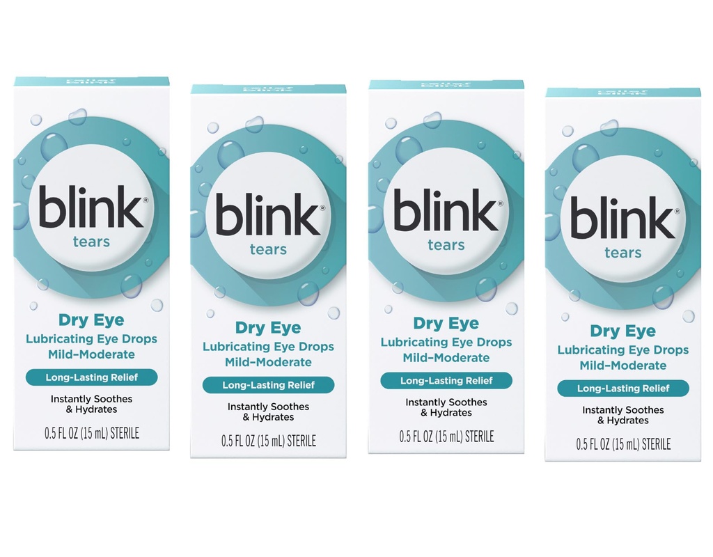 Blink Tears Lubricating Eye Drops, Eye Care for Mild to Moderate Dry Eyes, Hyaluronate for Boosting Hydration, Moisturizing & Soothing Eye Drops for Dry Eyes, 0.5 fl oz (Pack of 4)