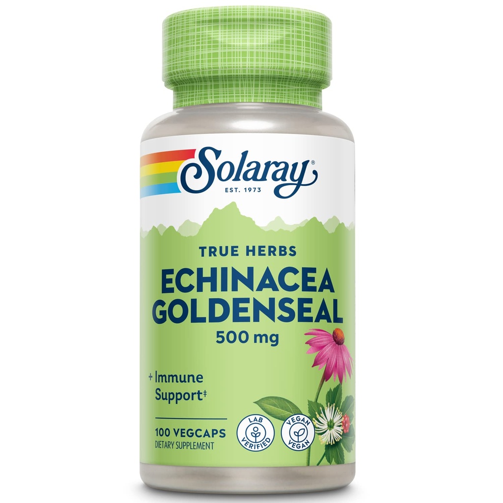 SOLARAY Echinacea Root & Goldenseal Root Supplement - 500 mg per Serving, Non-GMO, Vegan & Lab Verified - 100 Count VegCaps