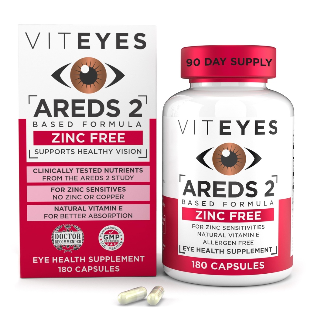 Viteyes AREDS 2 Zinc Free Macular Support, Natural Allergen Free Capsules with Vitamin E, Vitamin C, Lutein & Zeaxanthin, No Zinc, No Copper, Eye Doctor Trusted, Manufactured in the USA, 180 Ct