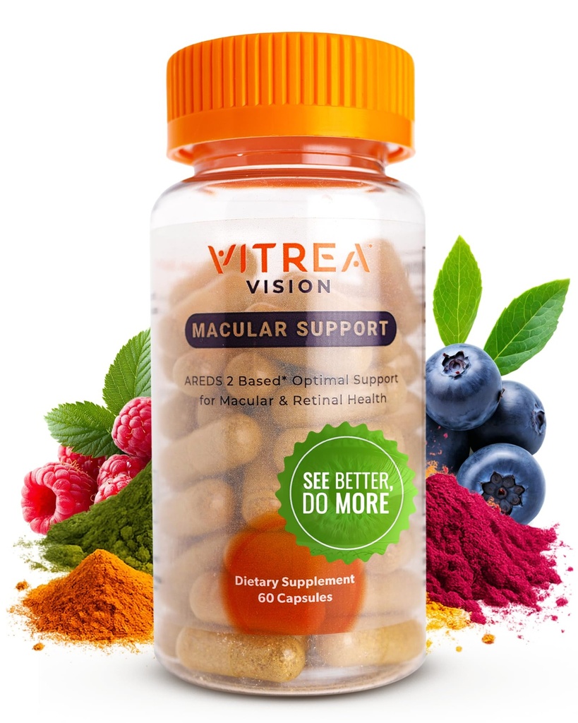 Vitrea Health Vision Macular Support – AREDS2 Eye Supplement with Lutein, Zeaxanthin, Marigold & 13 Nutrients – Helps Protect Against Blue Light – No Dyes or Titanium Dioxide – Retinal Health Support