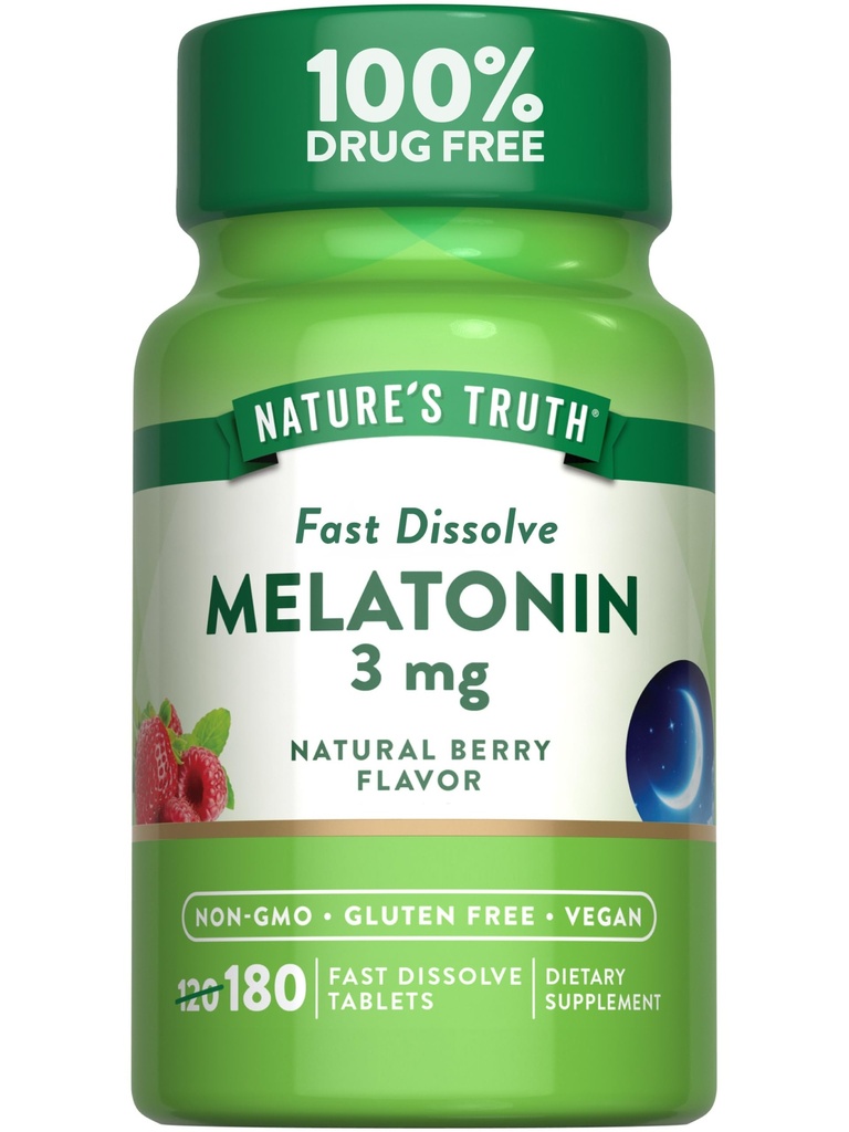 Nature's Truth Melatonin 3mg Fast Dissolve Tablets | 180 Count | Natural Berry Flavor | Vegan, Non-GMO & Gluten Free Supplement