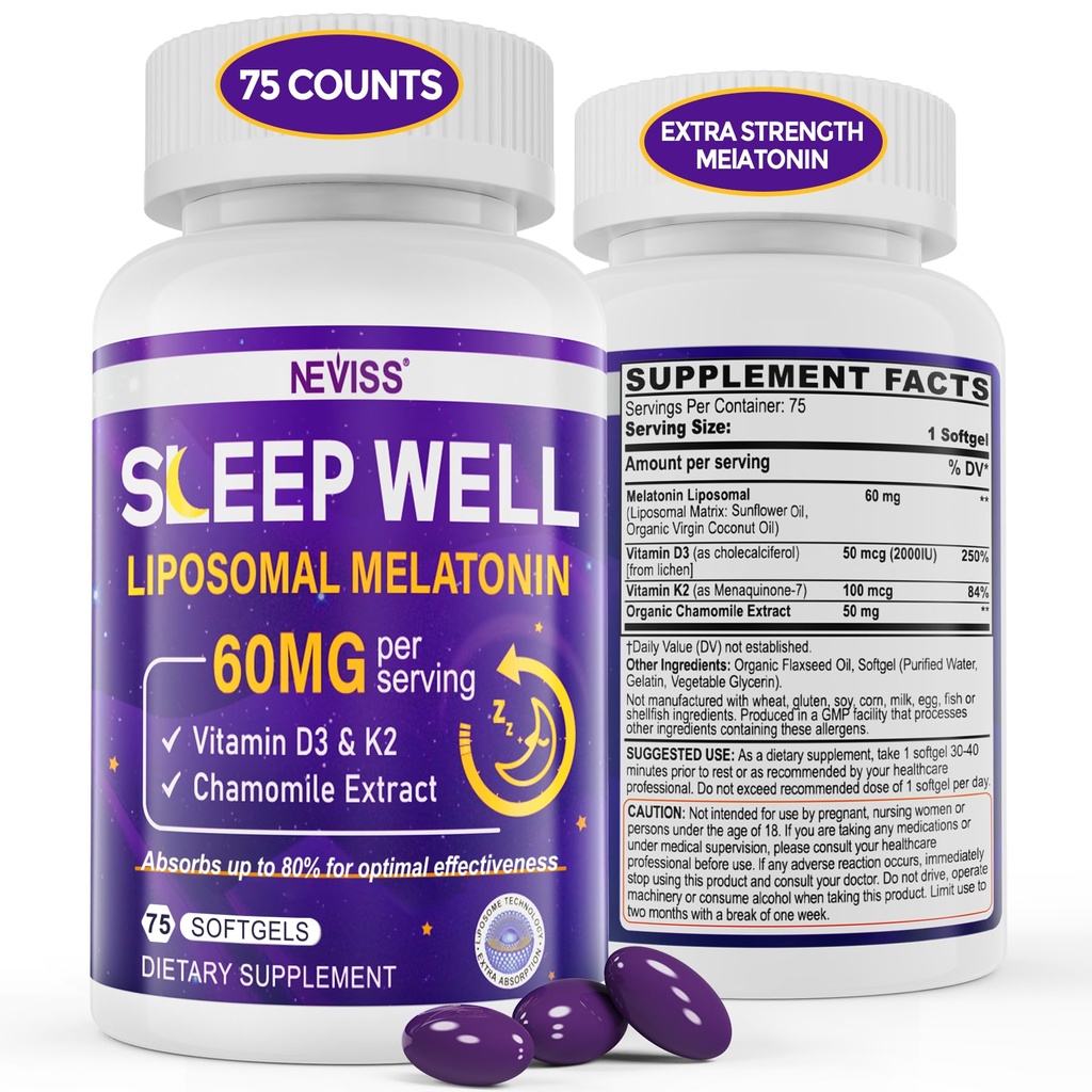 NEVISS 1Pack 60mg Melatonin Liposomal for Adults, High Dose Deep Rest & Brain Cognition, Extra Strength with Vitamin D3, K2, Chamomile for Sound Zzz Cycle, Power Antioxidant, 75 Softgels