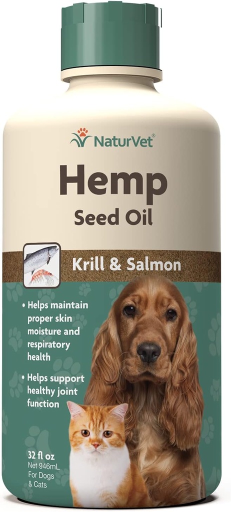 NaturVet Hemp Seed Oil Krill y Salmon, 32 oz. Liquid, Made in The USA