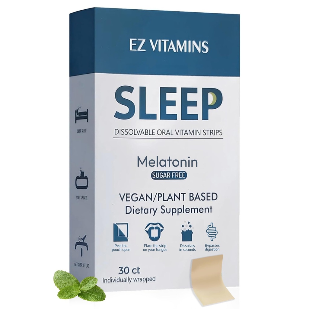 Dissolvable Oral Sleep Strips with 5 mg Melatonin, Valerian Root, L-Theanine and Vitamin B6 - Fresh Mint Flavor, No Water Needed, Works Faster Than Gummies, Sleep Support Oral Strips, 30ct