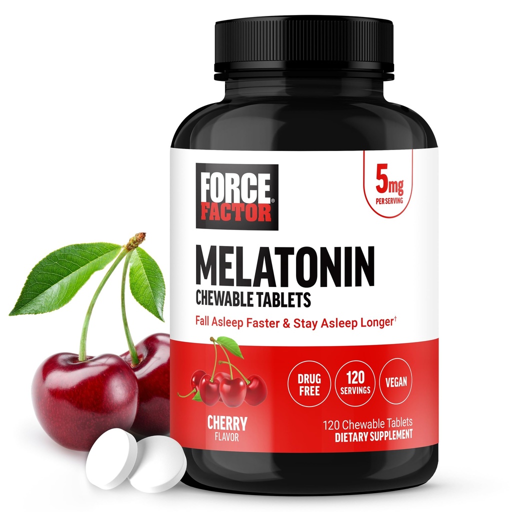 Force Factor Chewable Melatonin 5mg, Drug-Free Supplement, Vegan, Non-GMO, Cherry Flavor, 120 Tablets