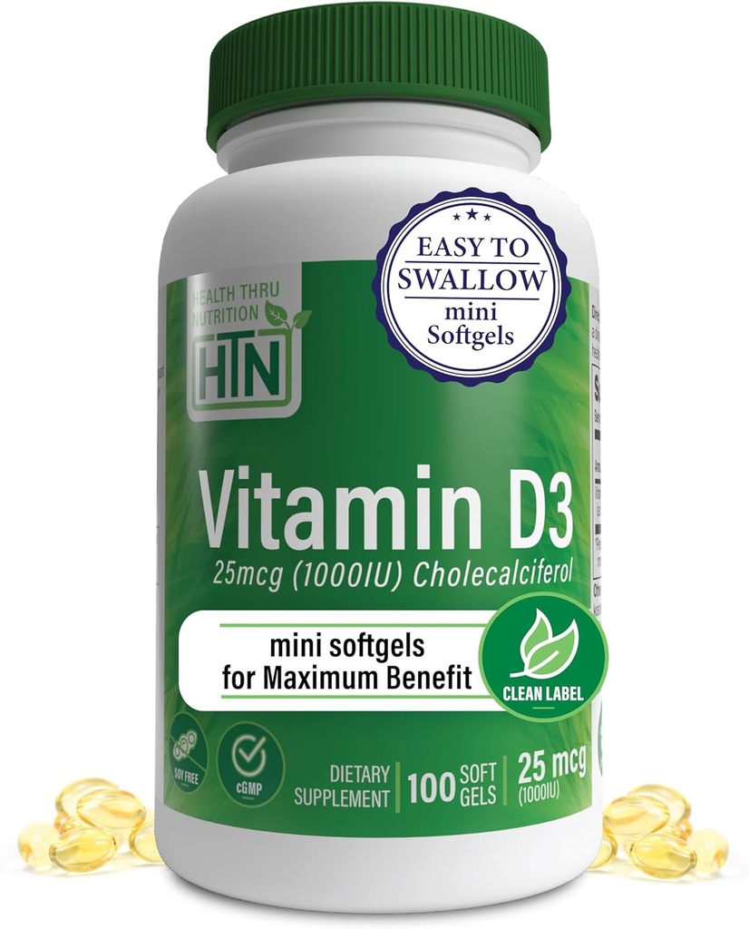 Health Thru Nutrition Vitamin D3 1,000iu 100 Mini Softgels for Maximum Benefit | 25mcg Cholecalciferol | 3rd Party Tested | Non-GMO USP Grade in Organic EVOO | Immune Health Support