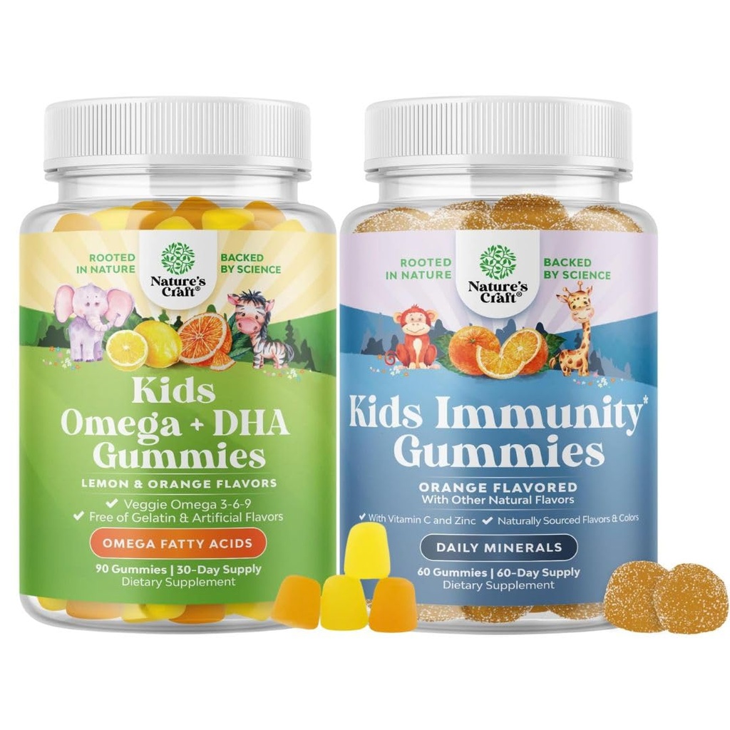 Bundle of Kids DHA Omega 3 Gummies - Fish Free with Vegetarian 6 9 for Vision Brain & Immunity and Kids Immunity Support Gummies Vitamin C with Zinc & Echinacea Immune Booster Supplement for Children