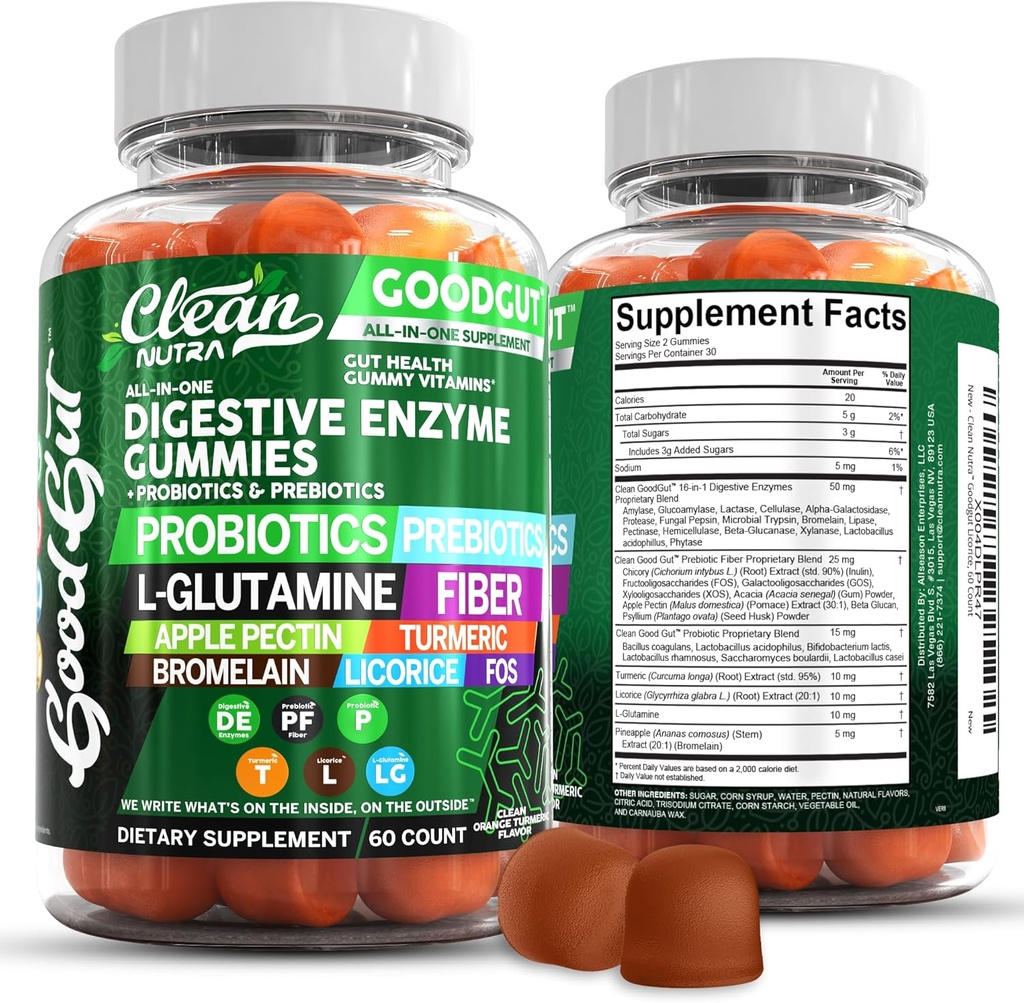 Nutracéuticas limpias Enzimas digestivas con probióticos " Prebióticos para las gomas de salud digestiva " L-Glutamina para la bromelaina de la salud de las tripas Apple Pectin Inulin FOS Plant Based Vegan Gummy Vitaminas