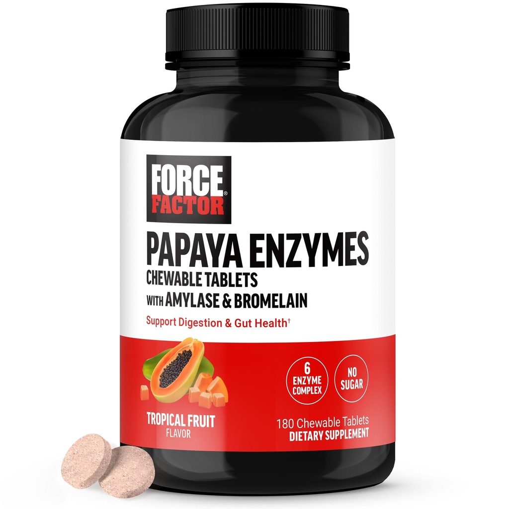 Force Factor Papaya Enzymes Complex, Digestion Supplement and Bloating Relief with Amylase and Bromelain, Support Healthy Digestion, Sugar Free, Non-GMO, Tropical Fruit Flavor, 180 Chewable Tablets