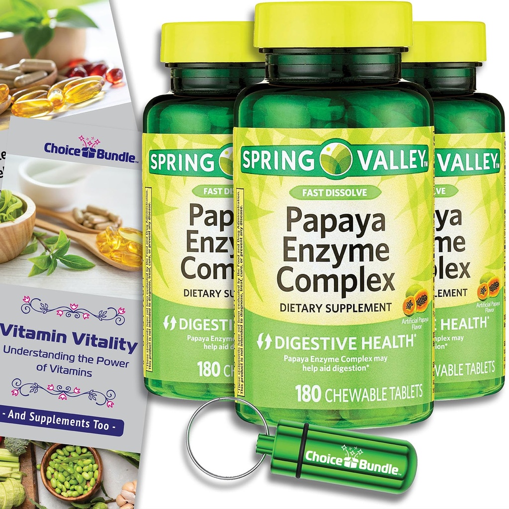 Spring Valley Papaya Enzyme Complex Chewable Tablets Digestive Health 180 Ct 3 pk (540 Total) + Vitamin Vitality & Pill Container (5 Items)!