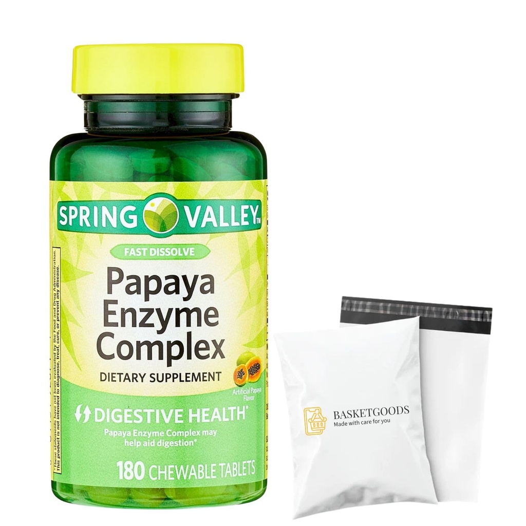 Spring Valley Papaya Enzymes Chewable 180 Count, Support Helps Digestion and Nutrient Absorption, Enzymes for Digestion, Dietary Supplement - Set by Basket Goods