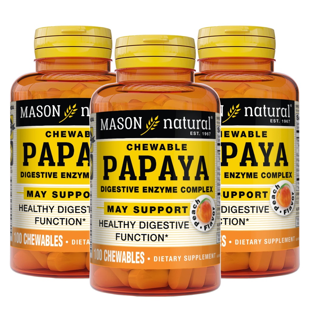Mason Natural Papaya Digestive Enzyme Complex, Healthy Digestive Function, Promotes Nutrient Absorption, Peach Flavor, 100 Chewables (Pack of 3)