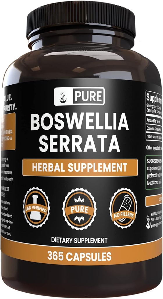 Ingredientes originales puros Boswellia Serrata (365 capsules) No hay magnesio o rifles de arroz, siempre puros, Lab Verified