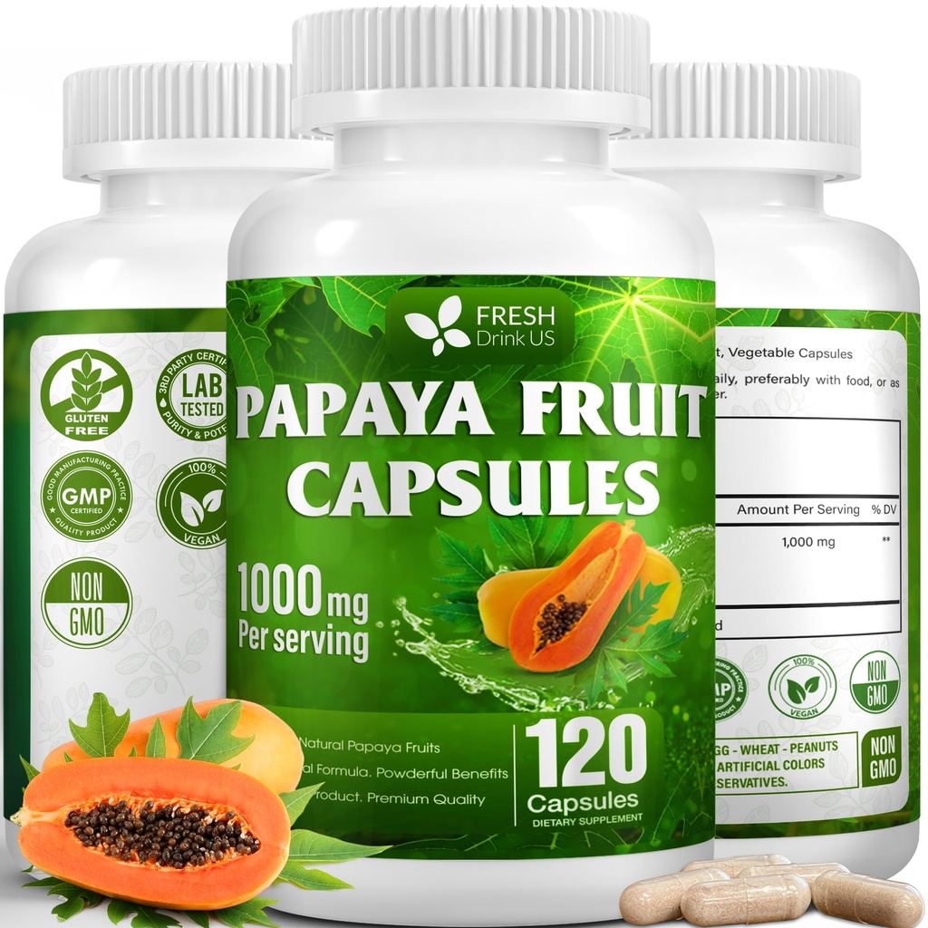 FRESHDRINKUS, 120 Papaya Fruit Extract Capsules| Papain Enzyme| 100% from Natural Papaya Fruit Extract| 500mg per Capsule| 1,000mg per Serving| 60 Days Supply| Vegan Capsulesc Non-GMO, Gluten-Free