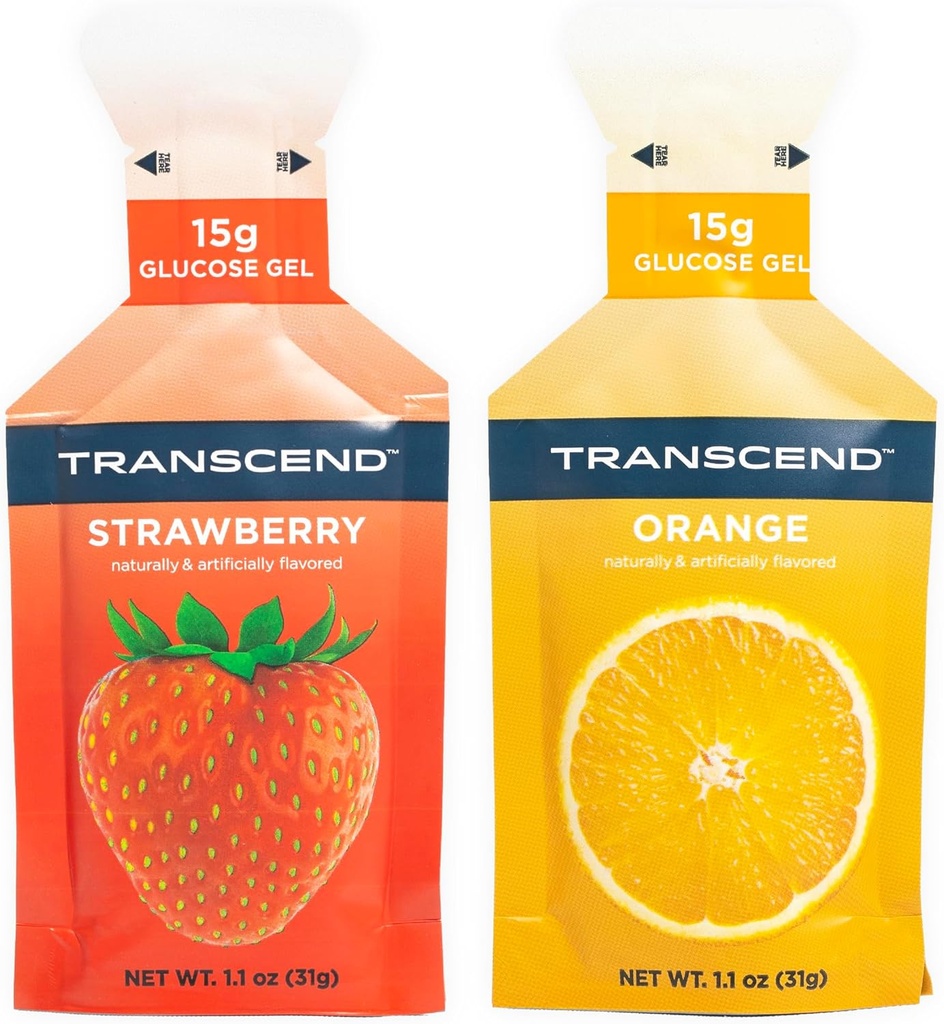 Transcend Foods Strawberry + Orange Gels (1.1 oz, Pack of 10) Fast-Acting Carb Gel Strawberry and Orange Flavor – Caffeine Free, Gluten Free