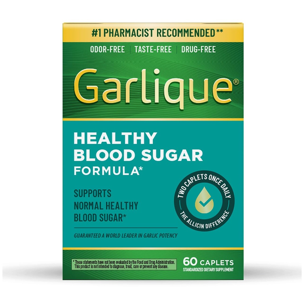 Garlique Garlic Extract Supplement, Healthy Blood Sugar Formula, Blood Sugar Support, 6000 mcg allicin, Odorless & Vegan, 60 Caplets