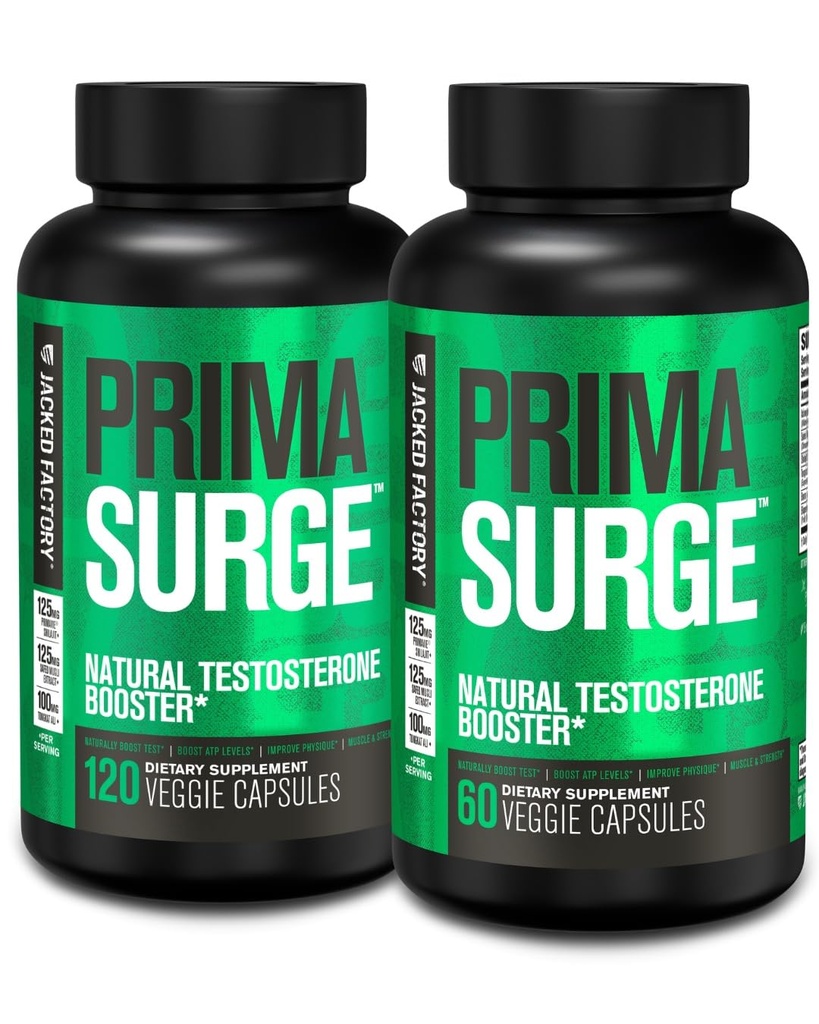 Jacked Factory Testosterone Booster for Men PRIMASURGE - w/Tongkat Ali, PrimaVie, Ashwagandha - Boost Vitality, Muscle Growth & Energy | Natural Test Booster Supplement - 180 Veggie Pills