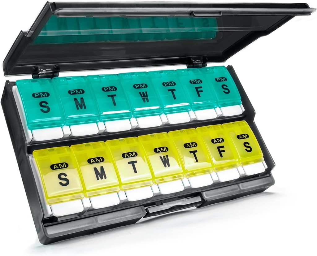 Extra Large Weekly Pill Organizer 2 veces al día - Remtise Am/Pm Daily Pill Case Medicine Organizer, Push Button 7 Day Pill Box for Pills/Vitamin/Cod Liver Oil/Supplements (Cyan &amp; Yellow)