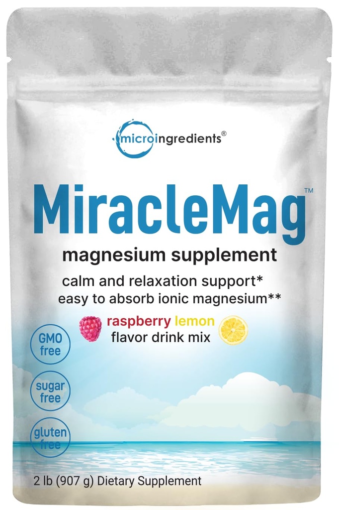 Micro Ingredients MiracleMag Calm Magnesium Powder, 2lbs | Magnesium Citrate Powder | Sweet Raspberry Lemon Flavored | Easily Absorbed Ionic Form | Non-GMO, Vegan, Sugar Free