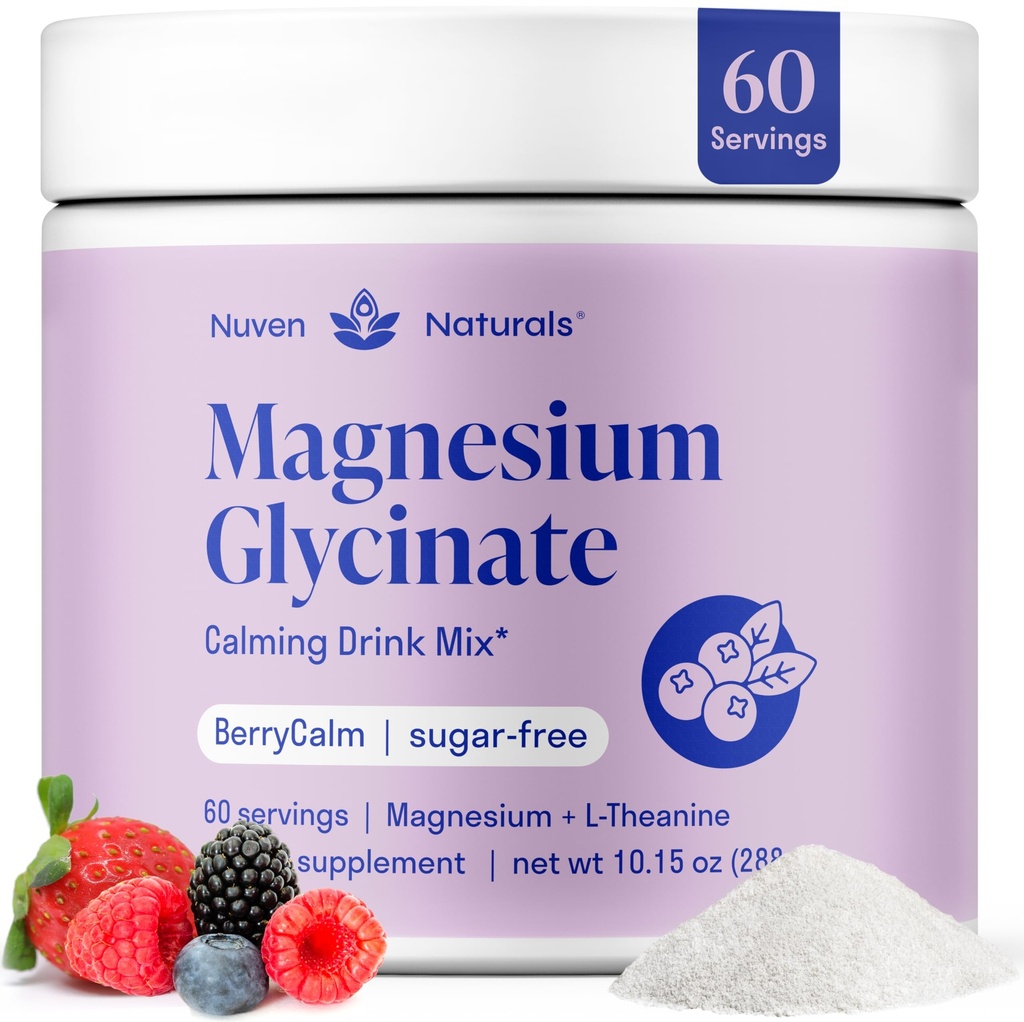 Magnesium Glycinate Powder + L-Theanine | 60 Servings | 300 mg per Scoop High Absorption Chelated Magnesium Powder for Sleep - Natural Mixed Berry Flavor, No Sugar, Support Restful Sleep & Relaxation