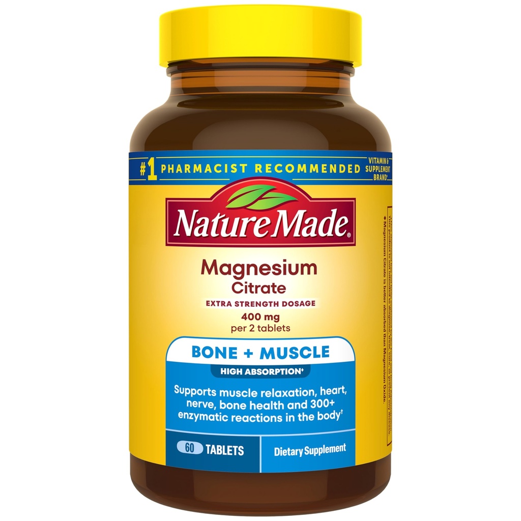 Nature Made Extra Strength Dosage Magnesium Citrate Tablets, High Absorption Magnesium Citrate 400mg Per Serving, Bone and Muscle Support, 60 Tablets, 30 Day Supply