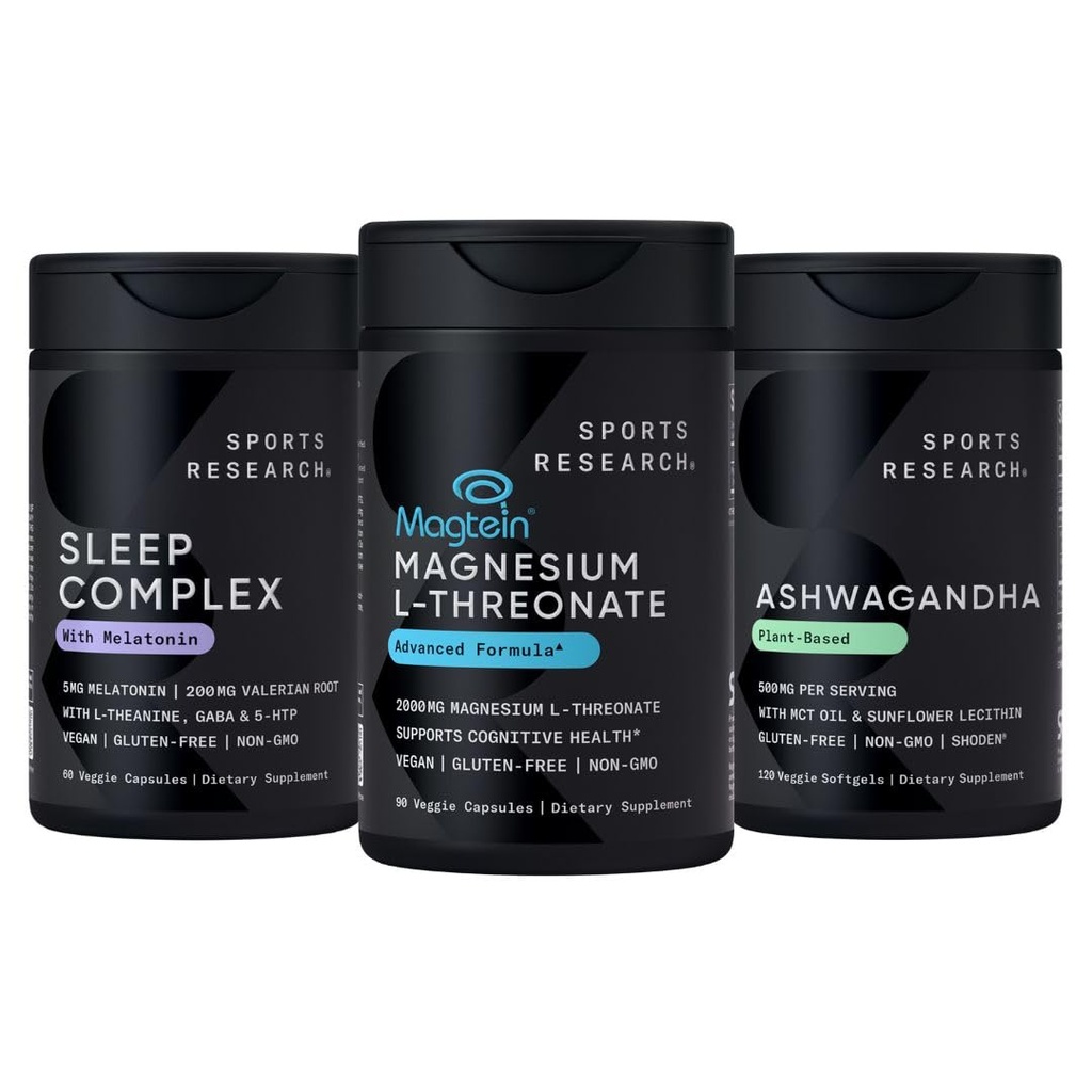 Sports Research® Sleep Pack - Sleep Complex with Melatonin 5mg + Magnesium L-Threonate Capsules 2000mg + Ashwagandha