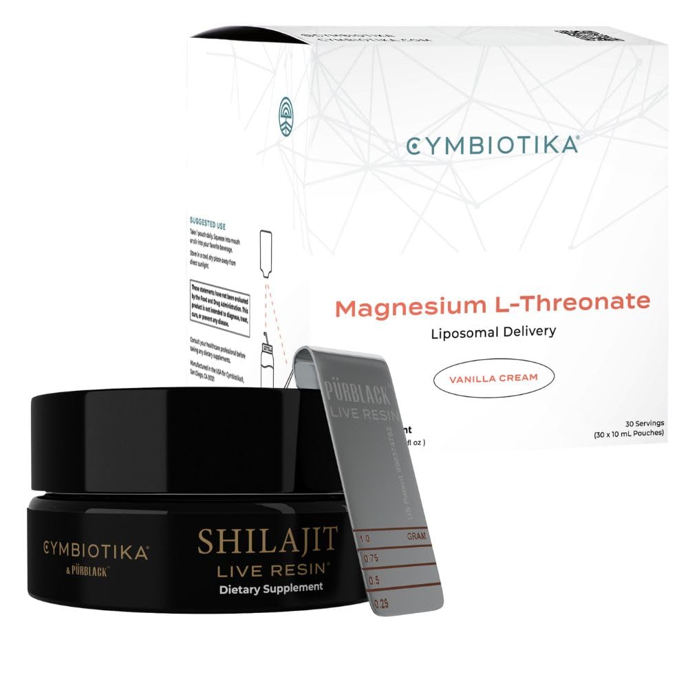 CYMBIOTIKA Liposomal Magnesium L-Threonate & Pure Shilajit Resin Bundle, Focus Memory Brain Support, 84+ Trace Minerals, Digestive & Immune Supplement