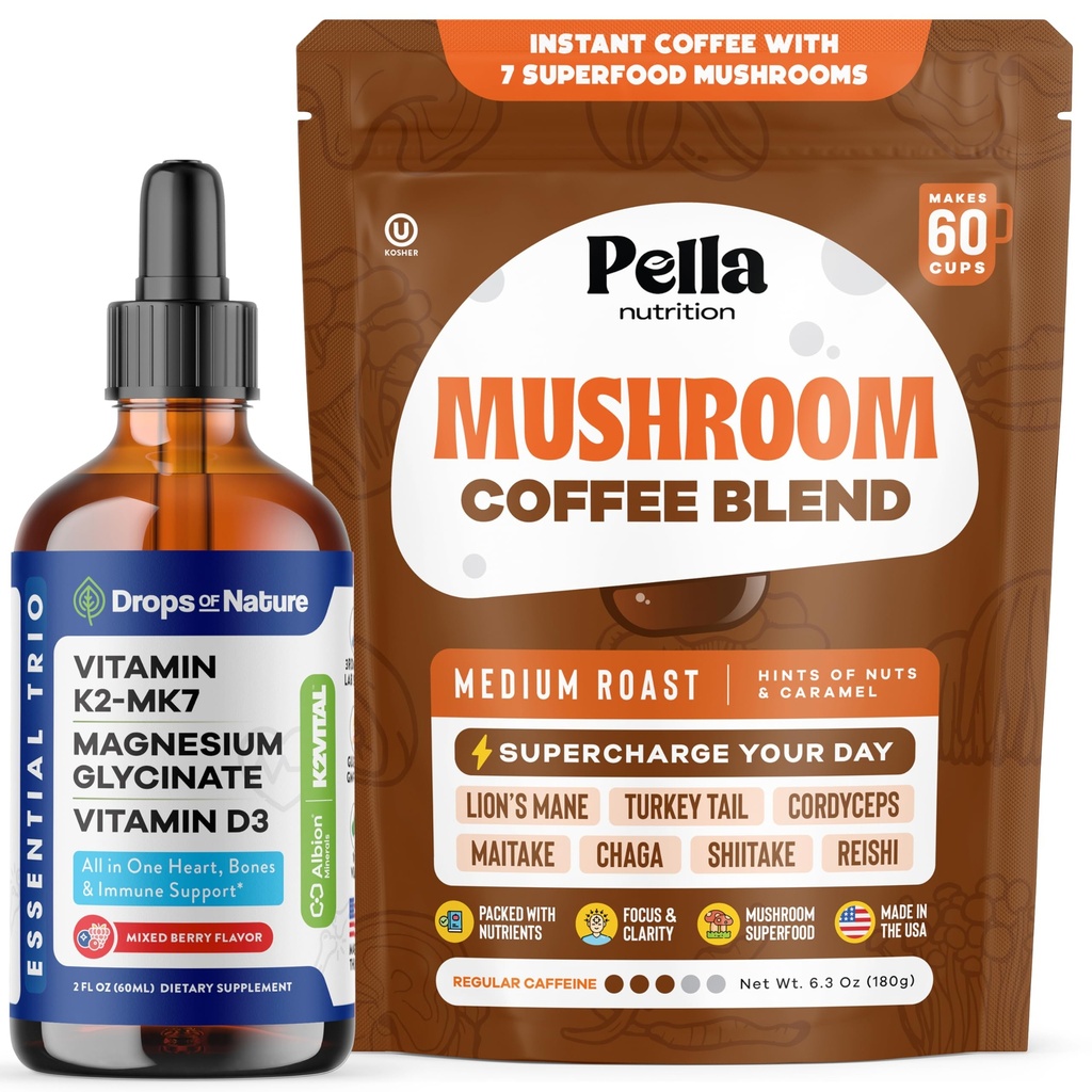 Drops Of Nature Magnesium Glycinate with Vitamin K2 D3 Drops (Mixed Berry, 60 mL) & Pella Nutrition Mushroom Coffee with Lion's Mane (Regular Caffeine, 60 Cups) – Vegan, Non-GMO – Focus & Bone Health