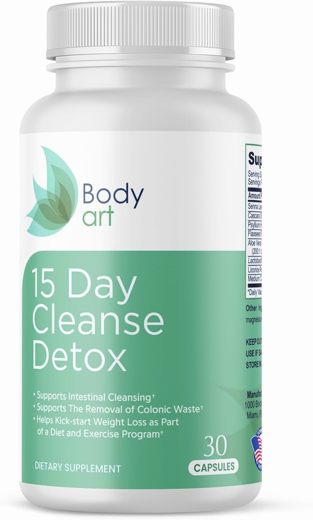 Body Art 15 Day Colon Cleanse Detox – Natural Capsules for Digestive Health – Gentle Support for Men &amp; Women – 30 Count