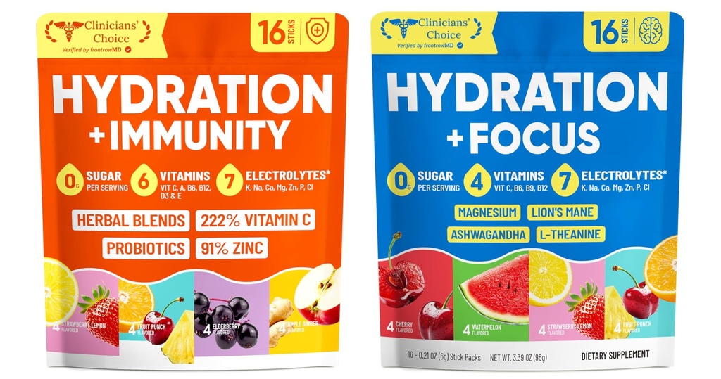 Venture Pal 2-in-1 Hydration Electrolytes Bundle – Focus & Immune Support Powder Packets, 7 Electrolytes, Vitamins, Magnesium, Lion’s Mane, L-Theanine, Elderberry, Sugar Free Drink Mix, 32 Sticks