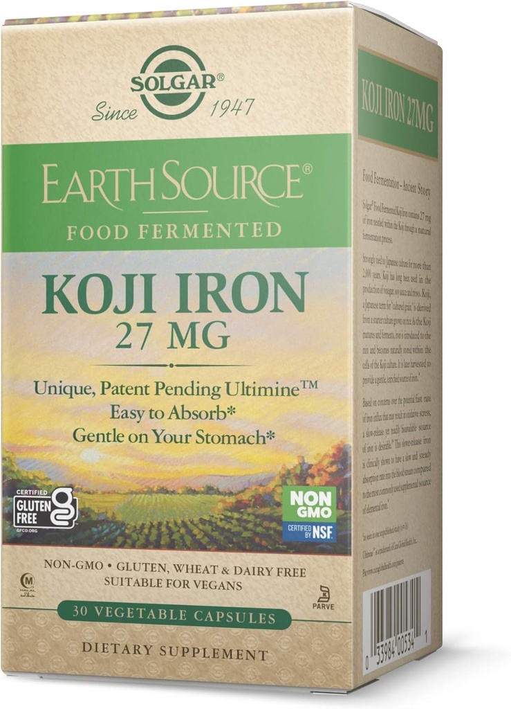 Solgar Earth Source Food Fermented Koji Iron 27mg, 30 cápsulas vegetales - Absorción superior, Hierro de liberación lenta - Gentle on The Stomach - Non-GMO, Vegan, Gluten Free, Dairy Free, Kosher - 30 Servings