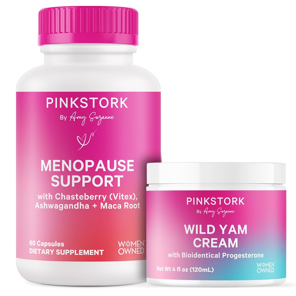 Pink Stork Menopause Supplement & Wild Yam Cream for Women to Support Hormone Balance, Ashwagandha, Black Cohosh, & Wild Yam, Hormonal & Mood Support, Duo