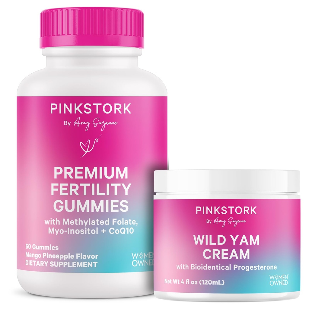 Pink Stork Fertility Gummies + Wild Yam Cream for Women: Folate, Myo-Inositol Vitamin Gummies + Hormonal Balance Cream for Menstrual Cycle, Reproductive Health, and Conception Support