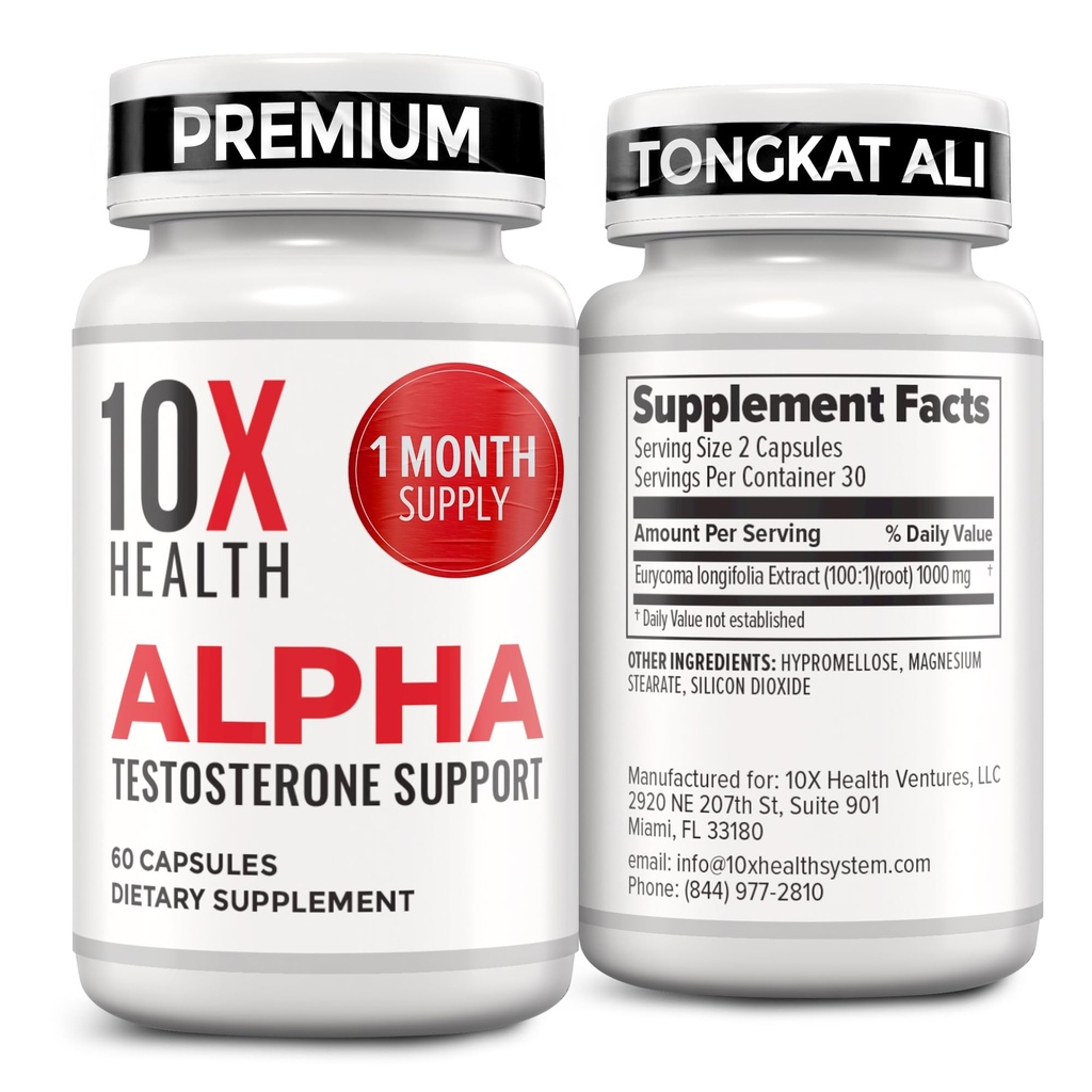 10X Health Alpha Testosterone Supplement for Men - 60 Capsules Mens Testosterone Supplement with Tongkat Ali 1000mg - Strength, Vitality & Muscle Growth Supplements for Men
