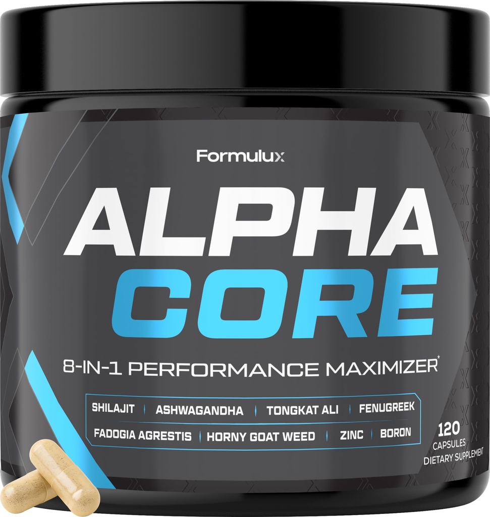 Alpha Core 8-in-1 Testosterone Booster for Men – Shilajit, Tongkat Ali, Fadogia Agrestis, Ashwagandha & Fenugreek Complex – Zinc & Boron for Energy & Strength – 120 Capsules (2 Month Supply)