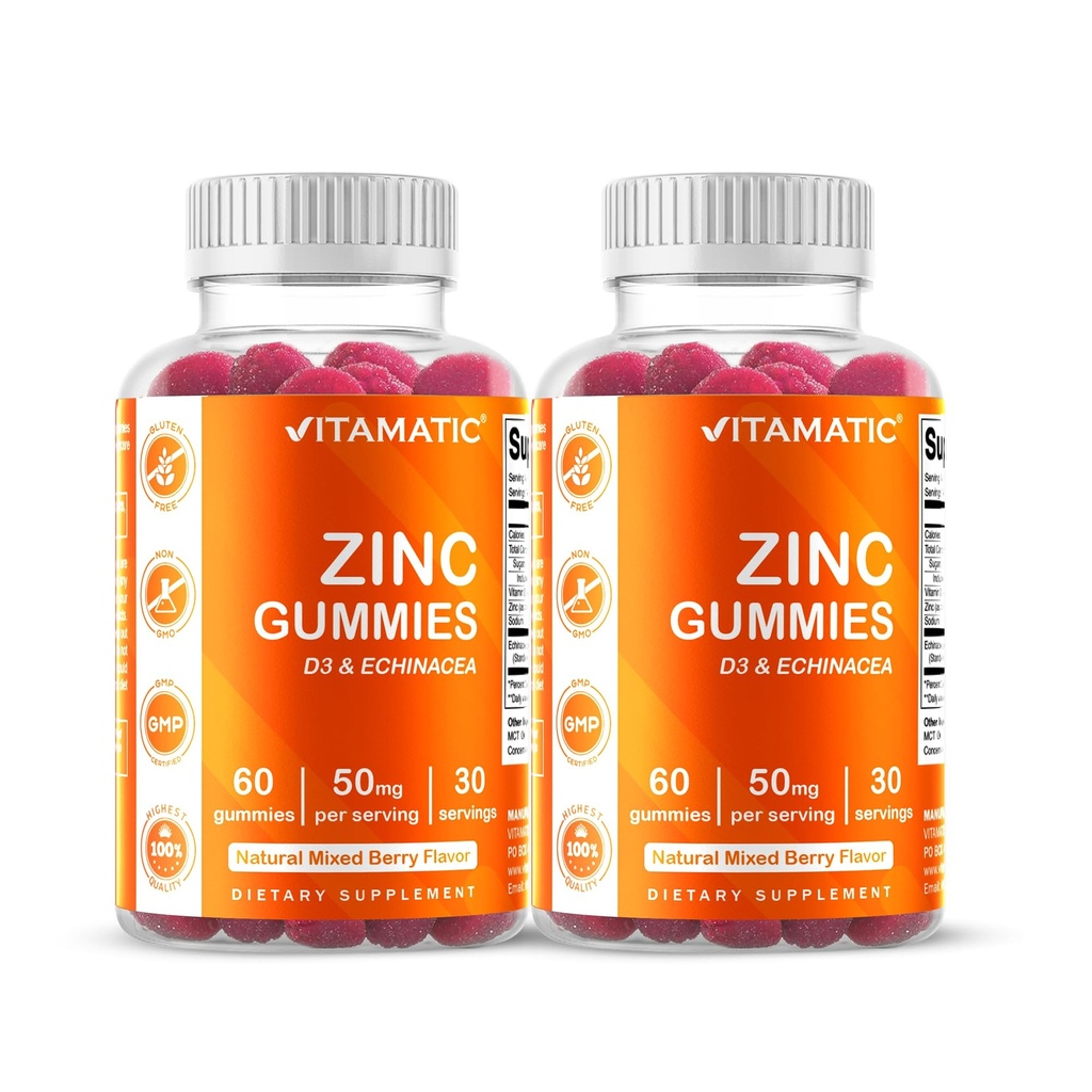 Vitamatic Zinc 50mg Gummies – 60 Vegan Gummies – Gluten-Free – 2 Pack
