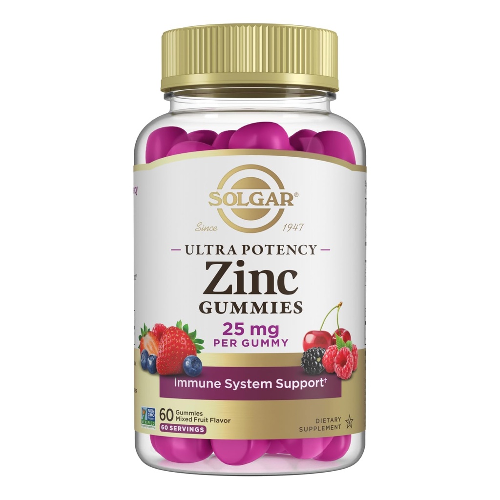 Solgar Zinc Gummies Adult Vitamin with 25mg Ultra Potency Zinc Citrate for Immune Support - Mixed Fruit Flavor, Vegan, Kosher & Gluten Free Gummy Supplements for Women & Men, 2g Sugar, 60 Servings