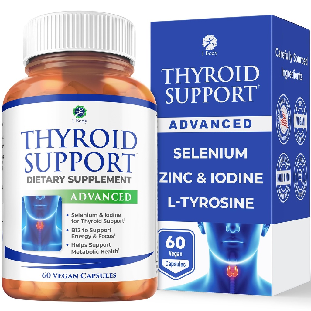 1 Body Thyroid Support Supplement for Women and Men, Selenium with Iodine, Zinc, B12, Ashwagandha and L-Tyrosine, Supports Hormone Health, Energy and Metabolism, 30 Day Supply